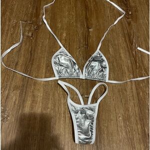 Brand New Silver Metallic Thong Bikini